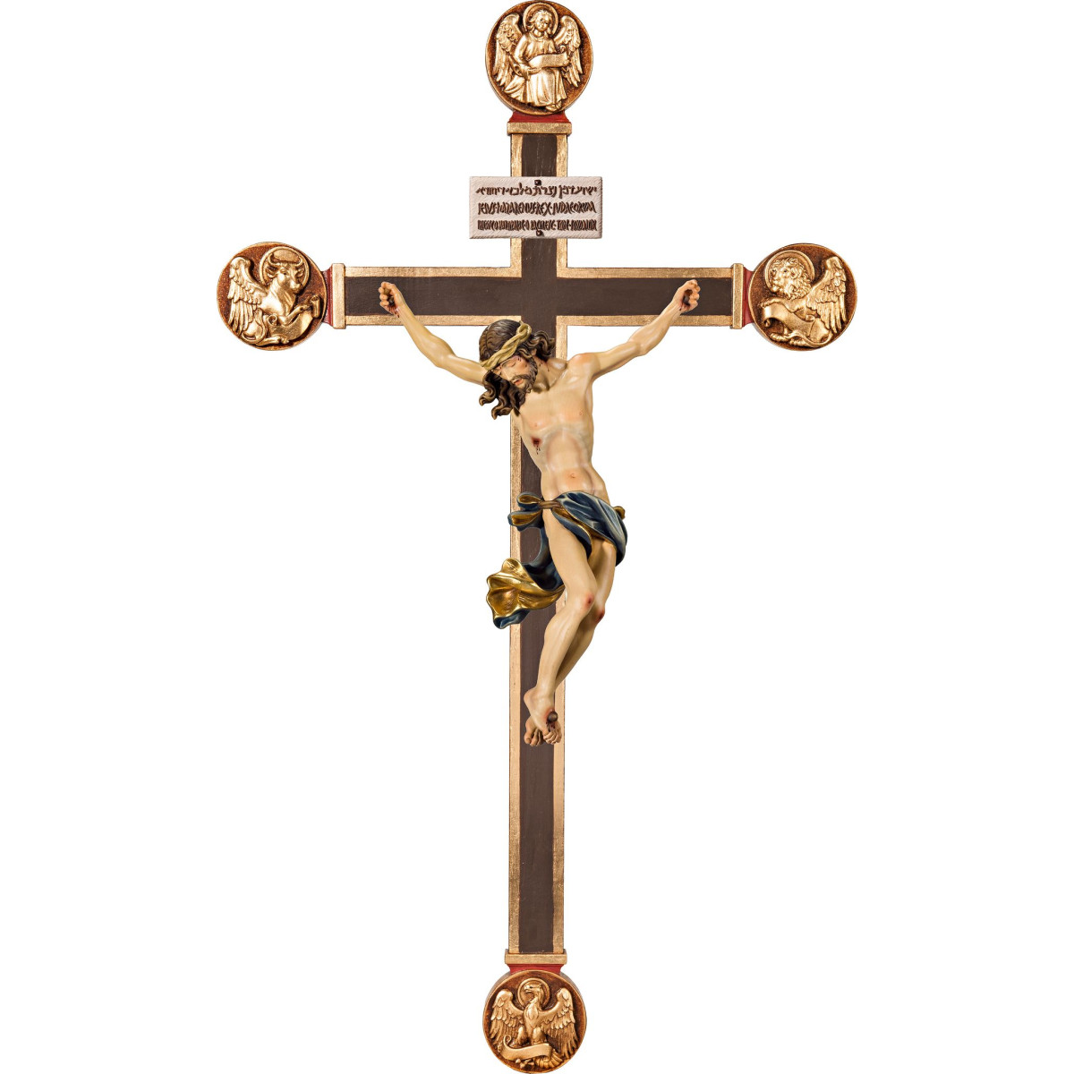 Cristo Barroco en cruz con Evangelistas y Titulus Crucis en hebreo - latín - griego